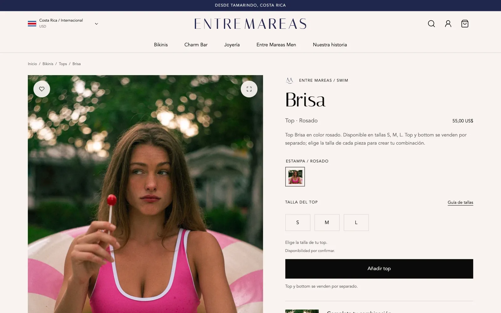 Página de produto do top Brisa rosado, com estampa e tamanhos
