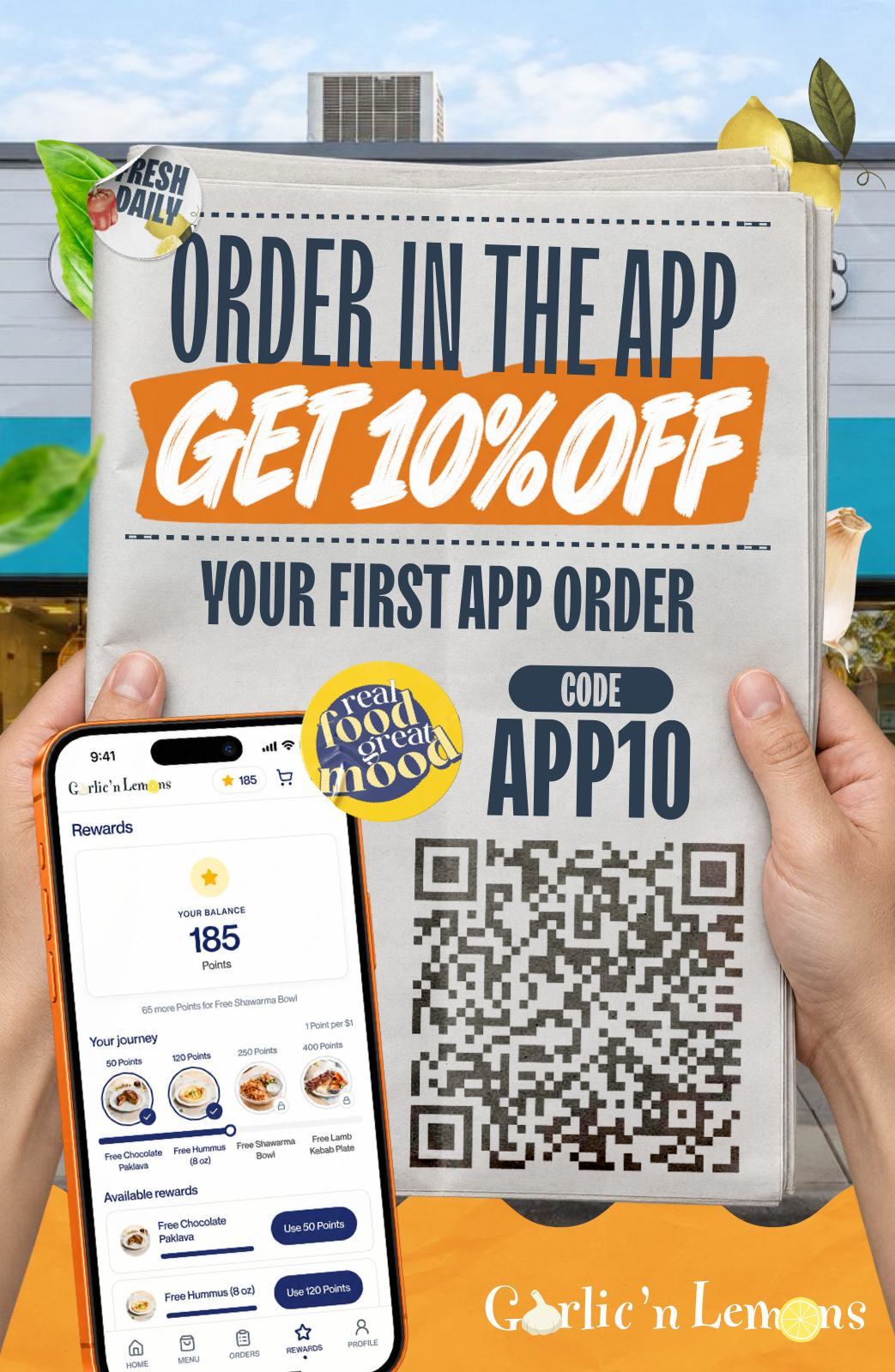 Cartaz da campanha de lançamento do app, criado pela CGRabbit para o Garlic'n Lemons