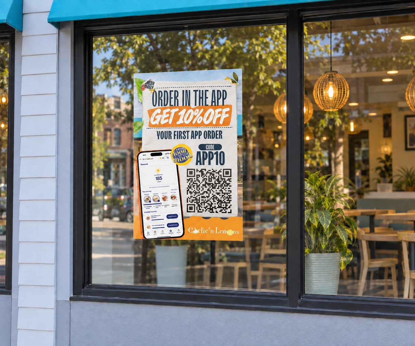 Campanha de lançamento do app: cartaz de vitrine (simulação), criado pela CGRabbit para o Garlic'n Lemons