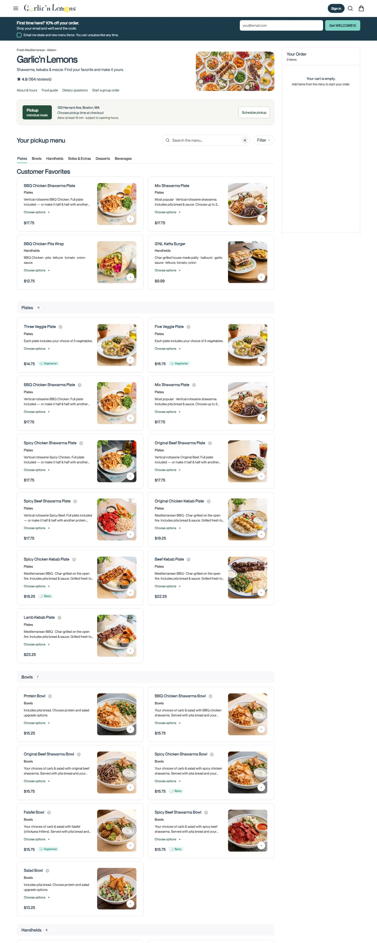 O site de pedidos real do Garlic'n Lemons, com o cardápio e a retirada na loja, no computador
