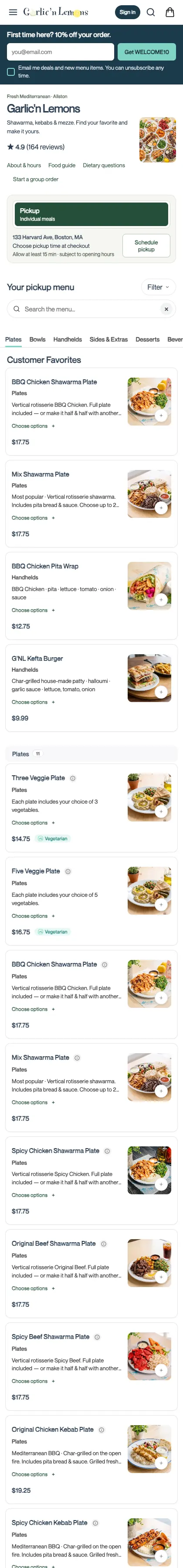 O site de pedidos real do Garlic'n Lemons, com o cardápio e a retirada na loja, no celular