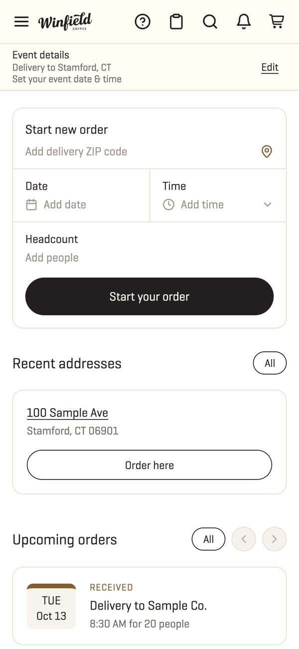 A conta do cliente no celular, com um cliente de exemplo