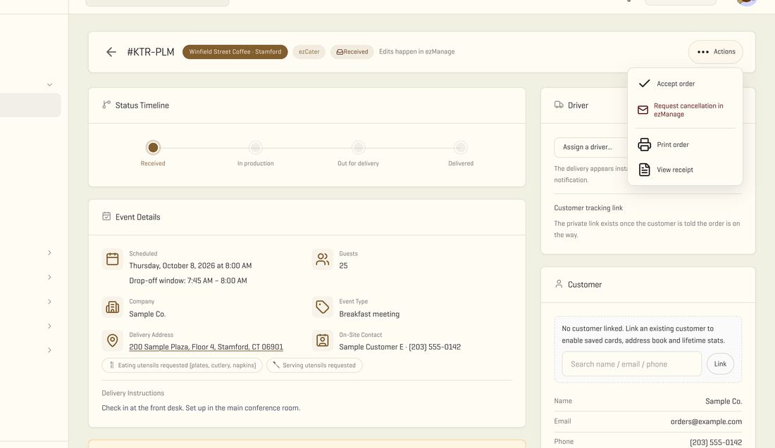O painel real da Winfield com um pedido de marketplace esperando aceite, com dados de exemplo