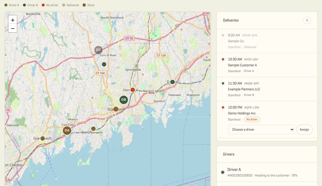 O mapa de entregas ao vivo real da Winfield, com cada entregador e cada entrega em andamento em Stamford, com dados de exemplo
