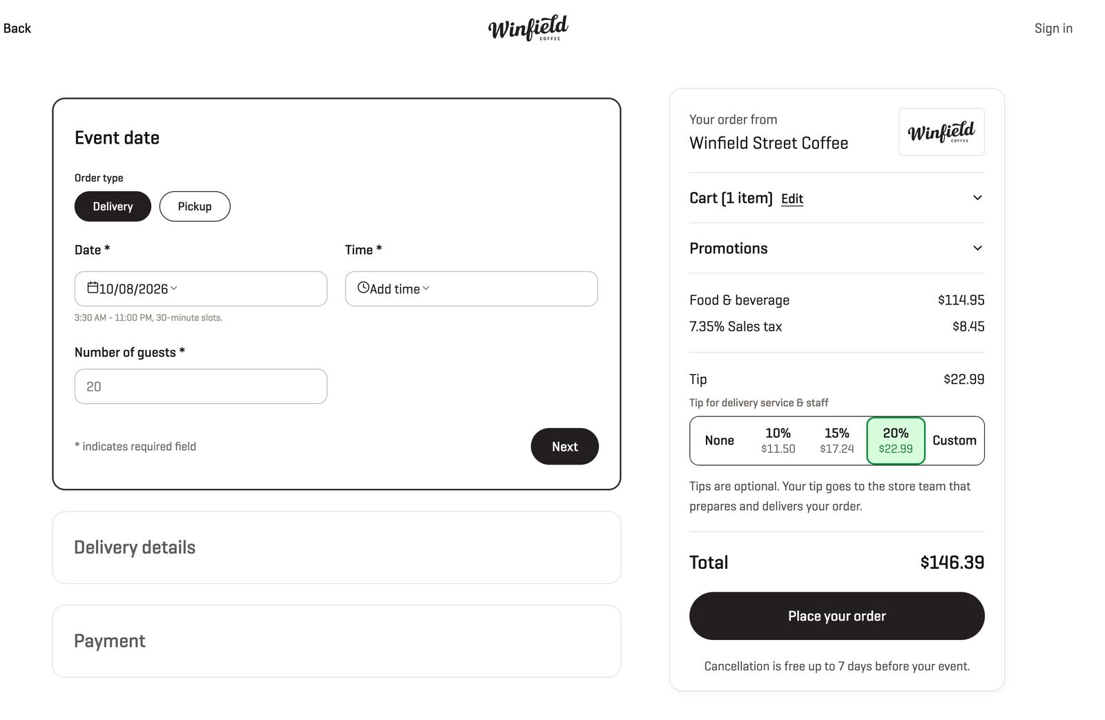 Finalização do pedido da Winfield no computador, com o resumo, o imposto local e o total