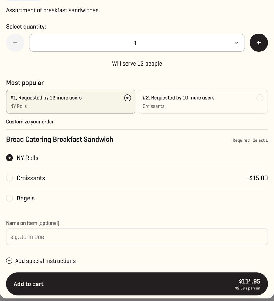 Um item com as opções obrigatórias no site da Winfield