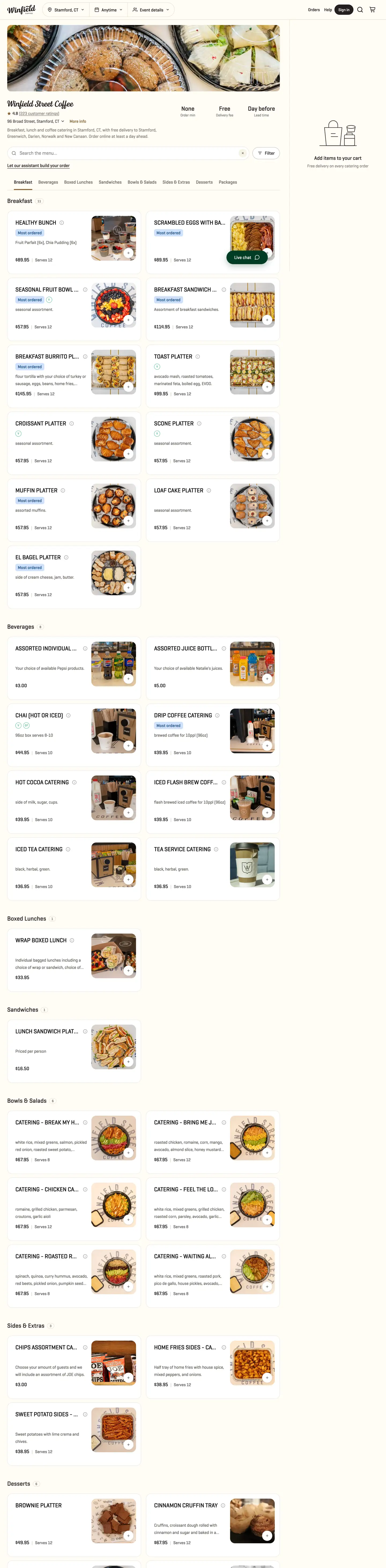 O cardápio completo do site de pedidos da Winfield, rolando
