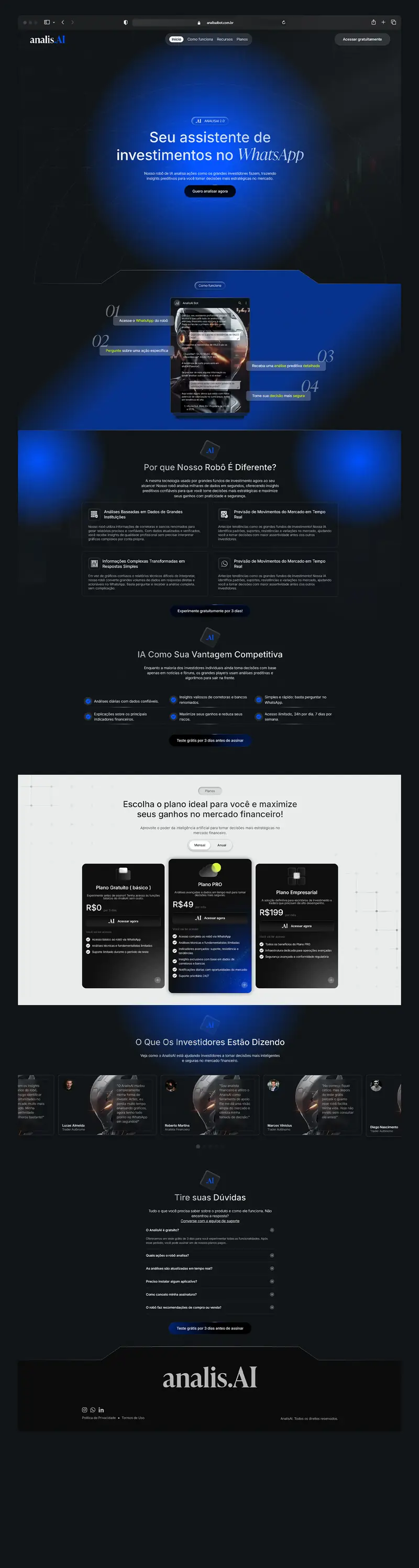 Landing page da AnalisAI, assistente de investimentos no WhatsApp, a página inteira