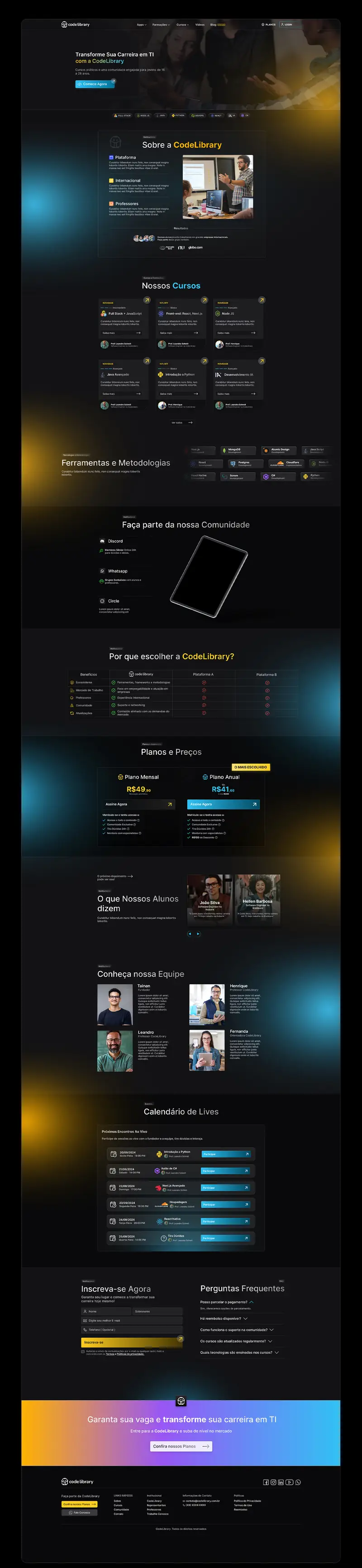 Landing page da CODELIBRARY com os cursos e o calendário de lives, a página inteira