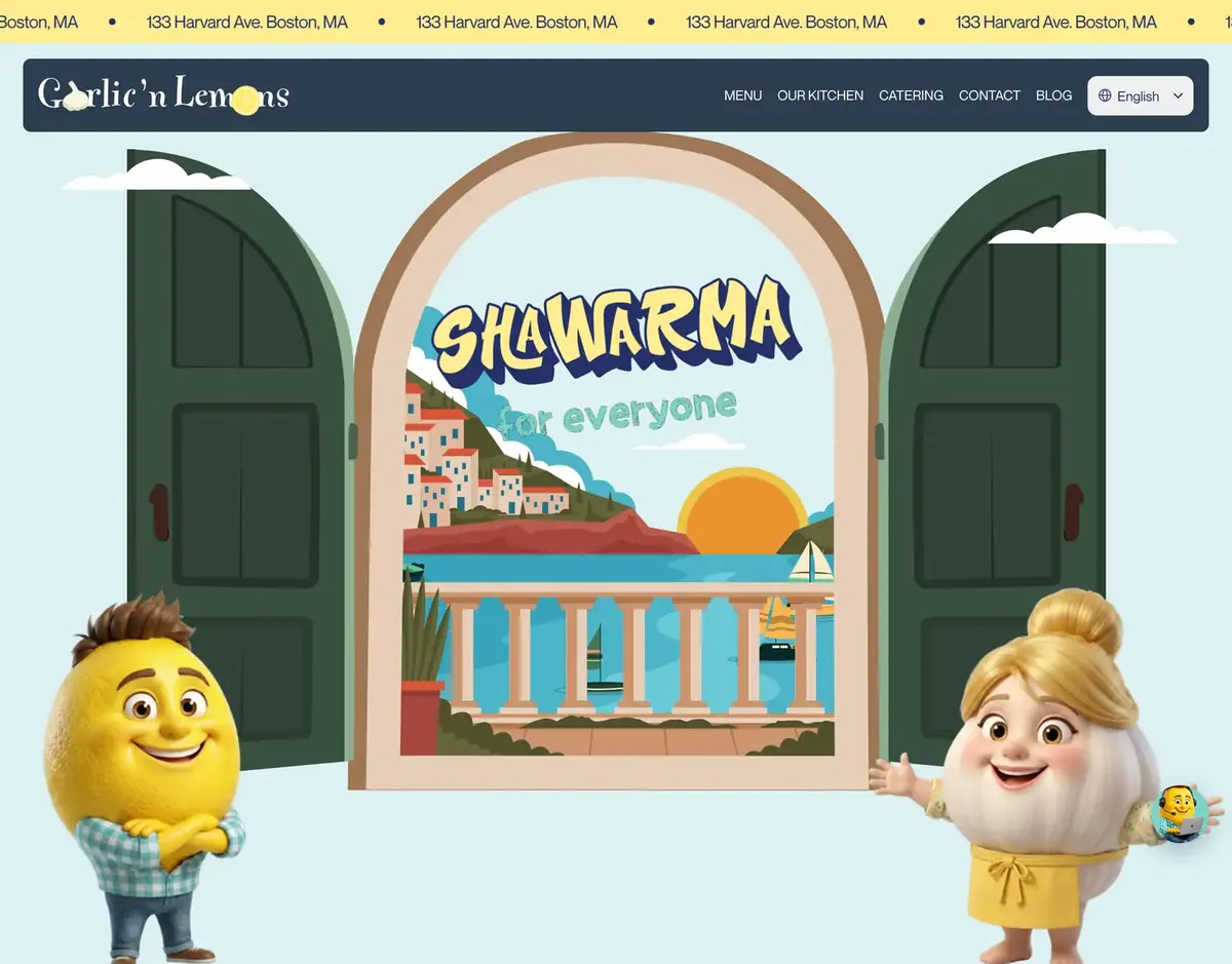 Site animado do Garlic'n Lemons, com os mascotes na janela