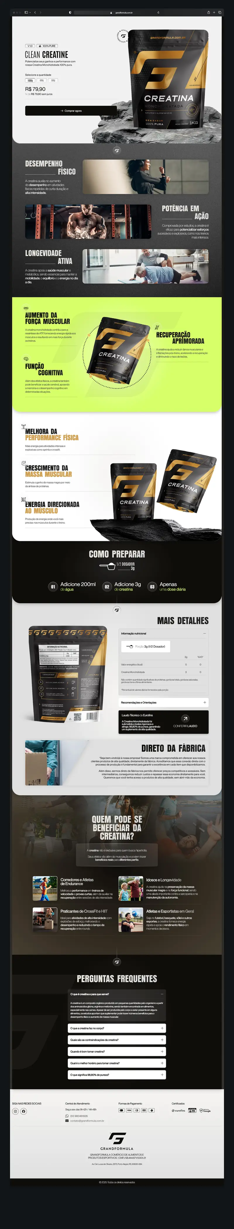 Página de produto da GrandFormula com o pote de creatina e o botão de compra, a página inteira