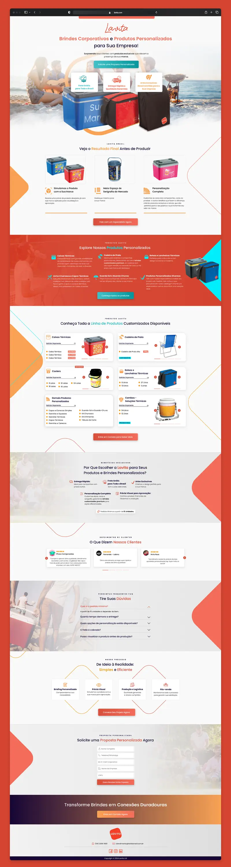Landing page da LAVITA com bolsas térmicas e brindes personalizados, a página inteira