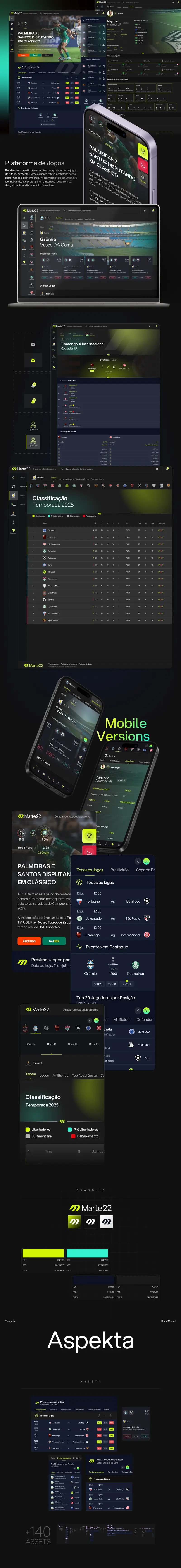 Telas do app Marte22 com jogos ao vivo e estatísticas, a página inteira