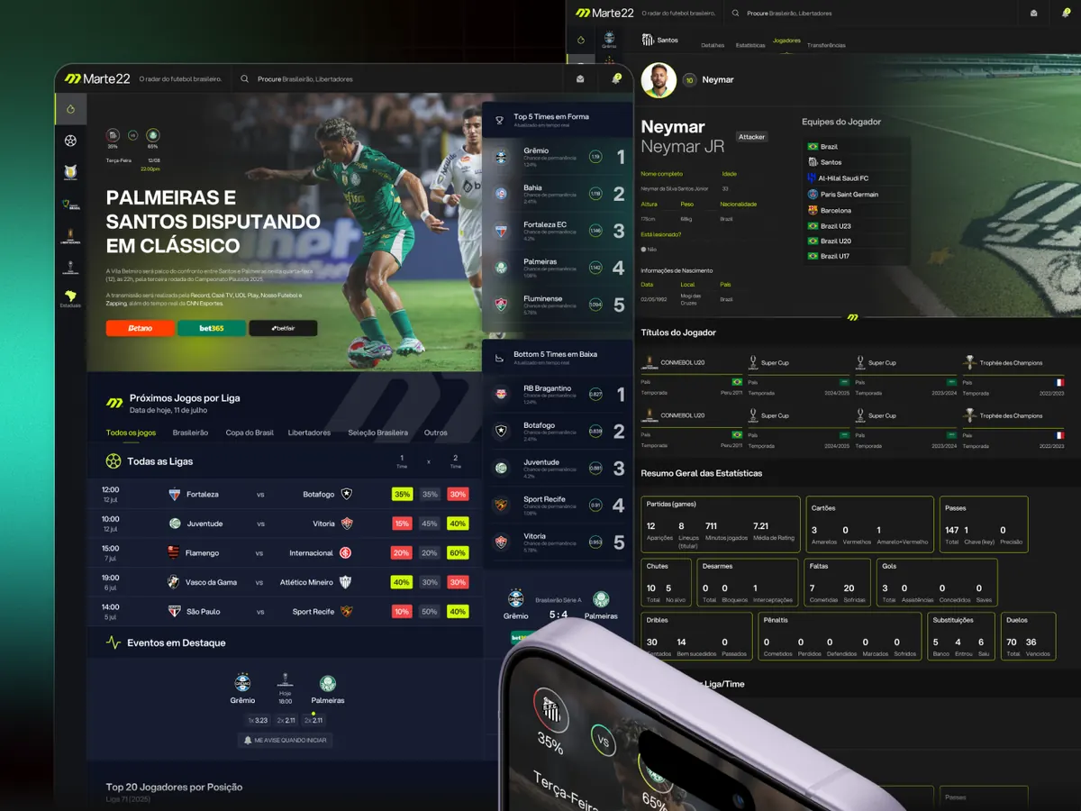 Telas do Marte22, app de acompanhamento de futebol ao vivo, desenhadas pela CGRabbit para web e celular
