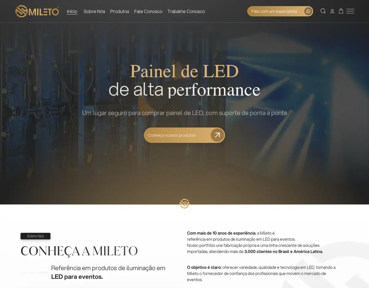 Loja virtual da Mileto, painel de LED na página inicial