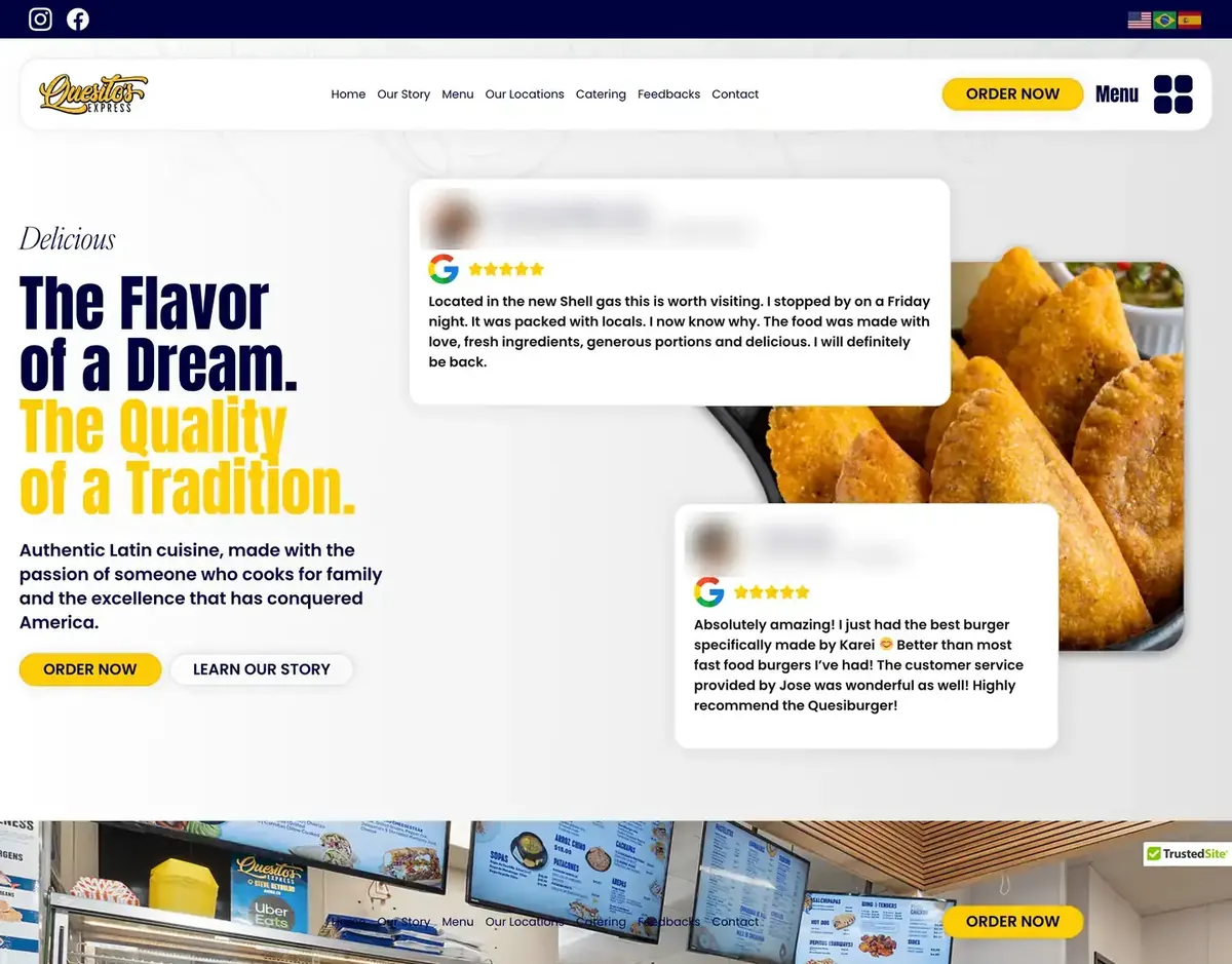 Site da Quesito's Express, com as avaliações de clientes borradas