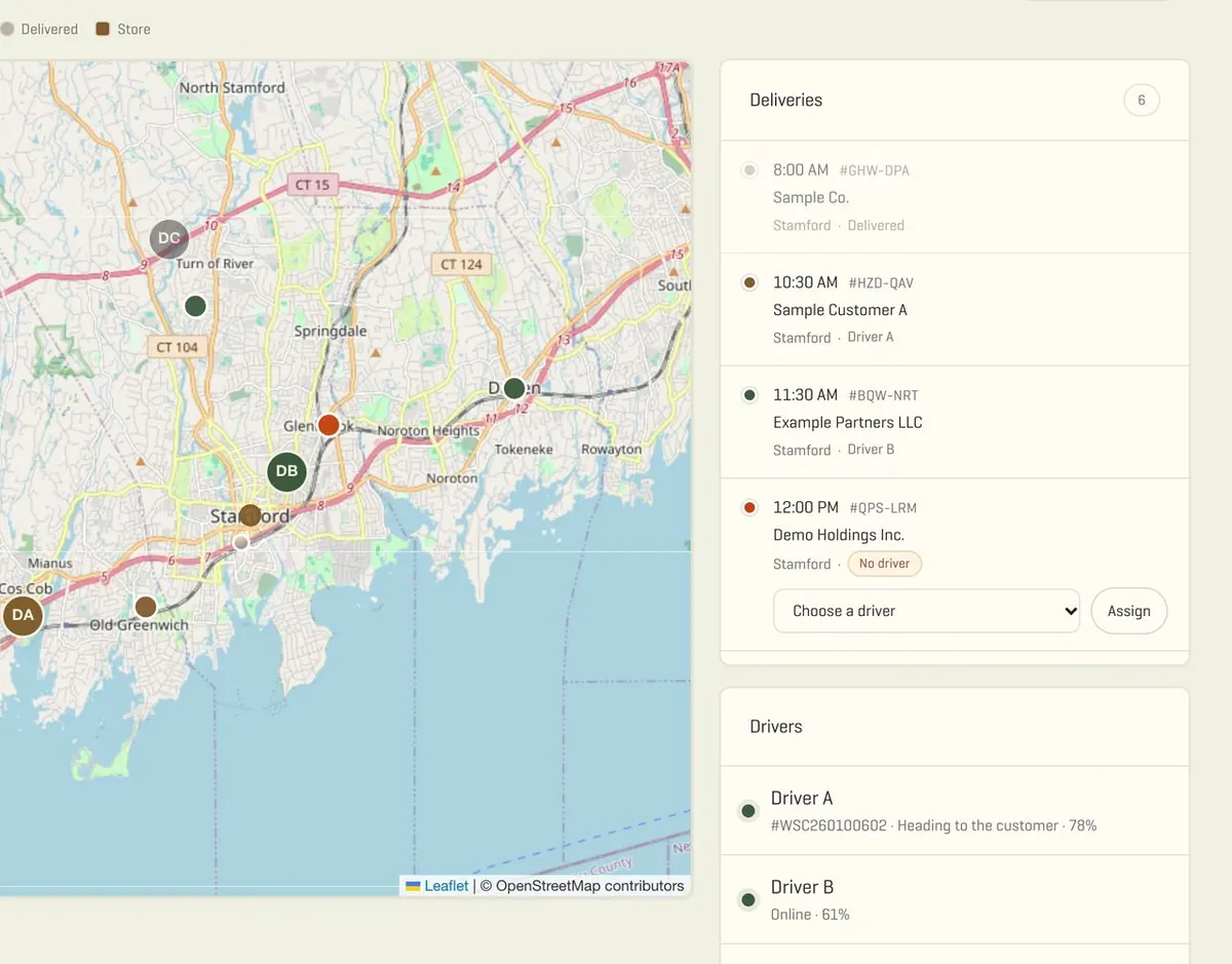 Mapa de entregas ao vivo do painel da Winfield Street Coffee, com dados de exemplo