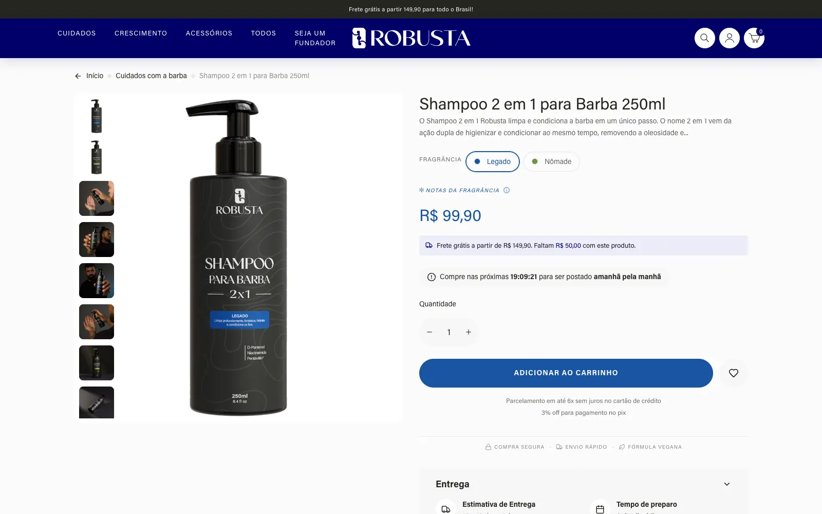 Página de produto da Robusta, com fotos, preço e o botão de compra