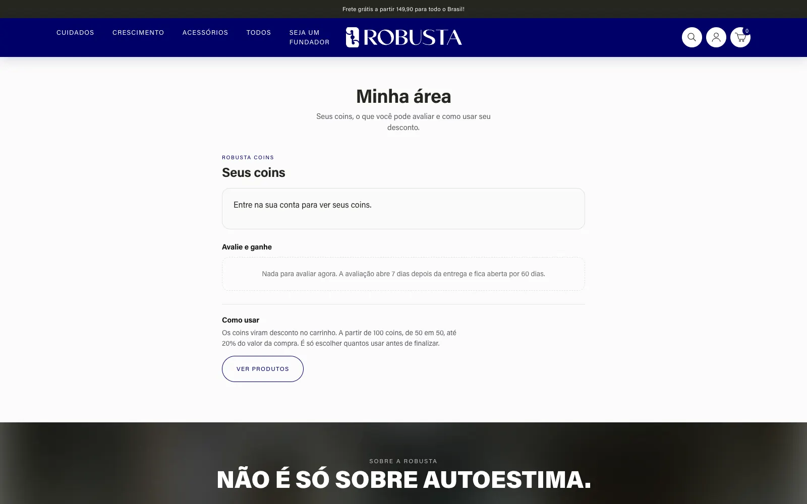 Página do Robusta Coins: avalie e ganhe, e use os coins como desconto no carrinho
